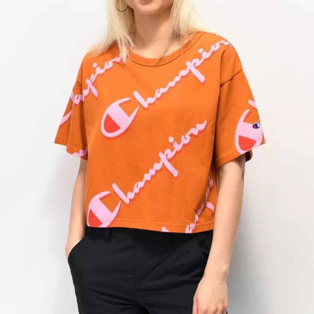 Champion Allover Print Orange Crop T-Shirt